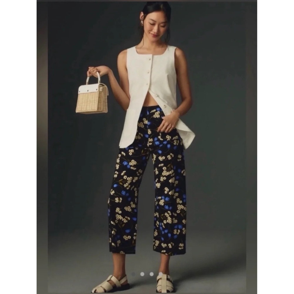 Maeve Anthropologie Colette Black Floral Wide Leg Crop Pants Size 28